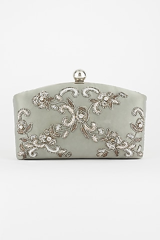 Silver Hand Embroidered Clutch by PRACCESSORII
