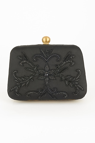 Black Floral Hand Embroidered Clutch by PRACCESSORII