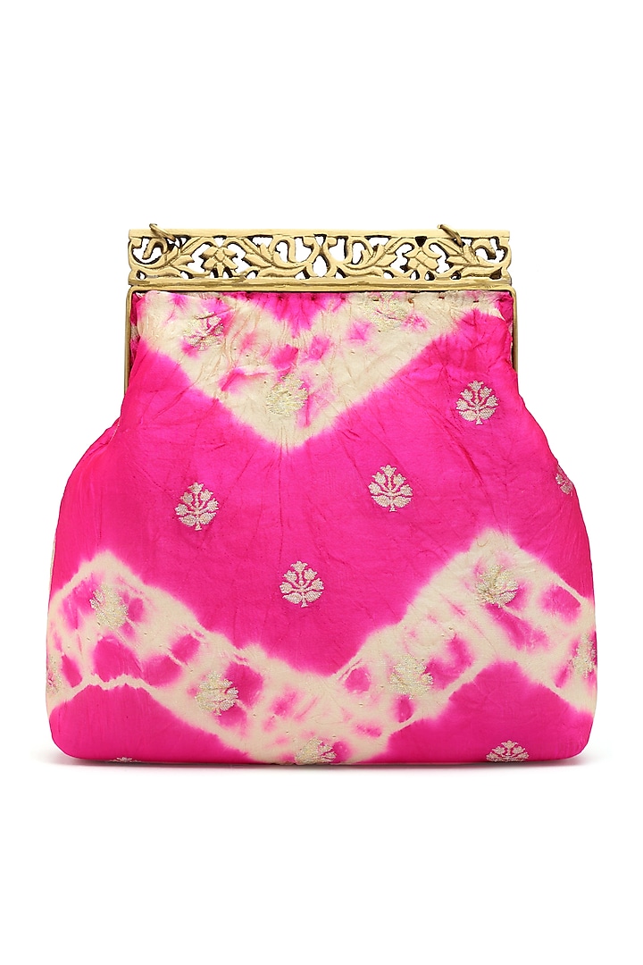 Pink Bandhani Handcrafted Evening Bag by PRACCESSORII