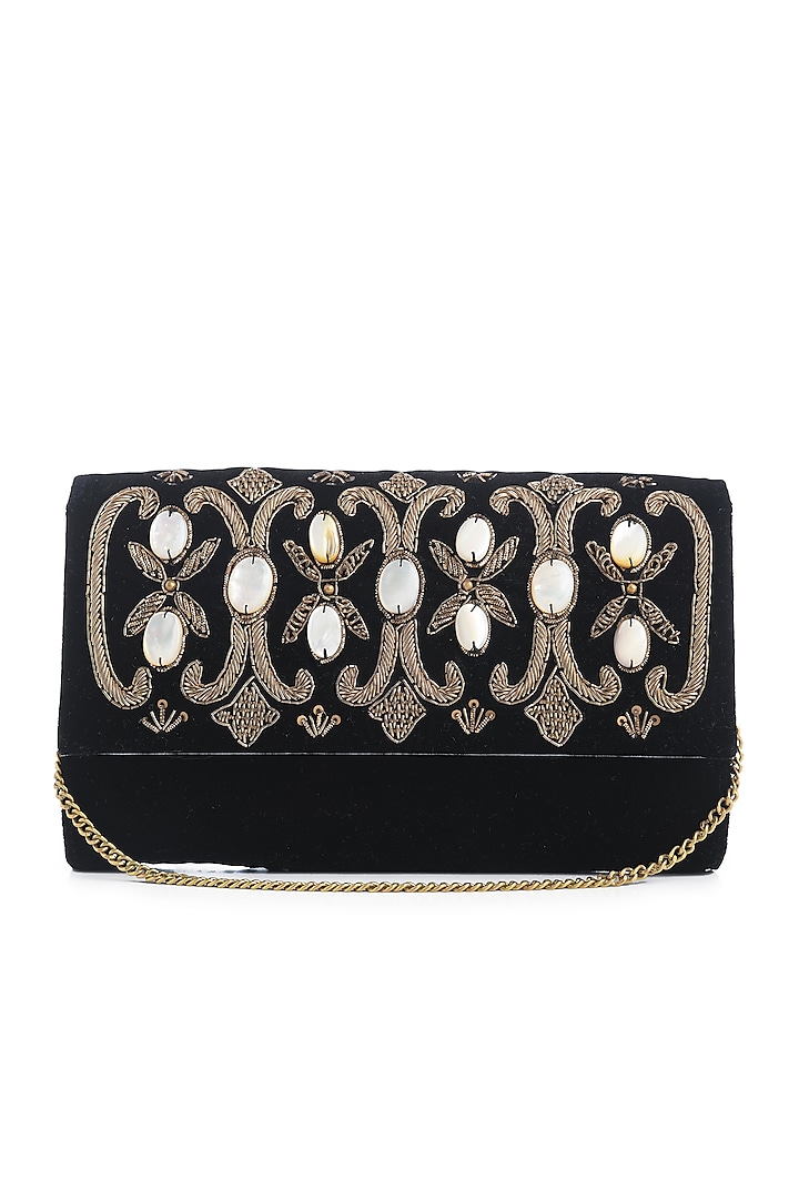 Black Embroidered Velvet Flap Over Clutch by Praccessorii