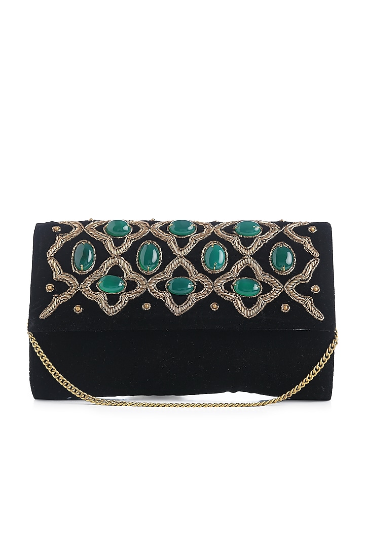 Black Hand Embroidered Flap Over Clutch by Praccessorii