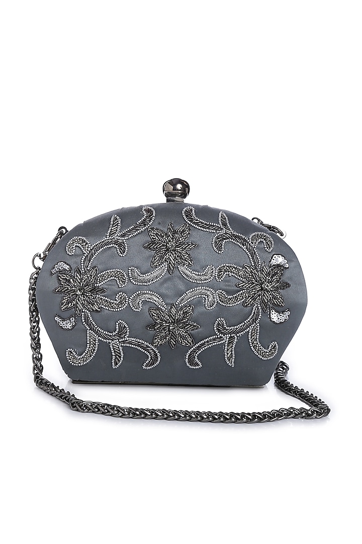 Dull Silver Hand Embroidered Clutch by Praccessorii