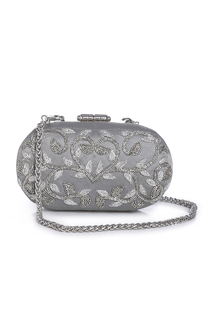 Silver Floral Embroidered Clutch by Praccessorii