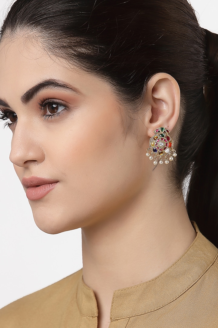 Gold Finish Navratna & Natural Pearl Stud Earrings In Sterling Silver by Jewels by Praccessorii at Pernia's Pop Up Shop