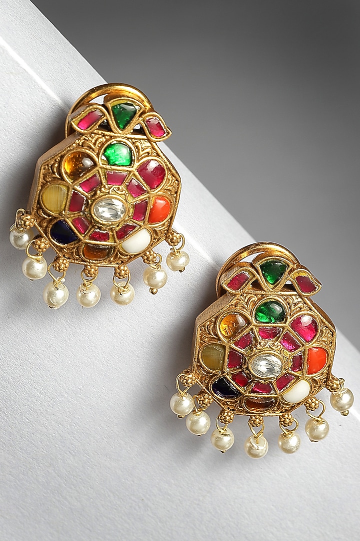 Gold Finish Navratna & Natural Pearl Stud Earrings In Sterling Silver by Jewels by Praccessorii at Pernia's Pop Up Shop
