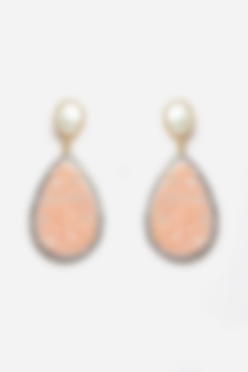 Gold Finish Carved Pink Opal Dangler Earrings In Sterling Silver by Jewels by Praccessorii