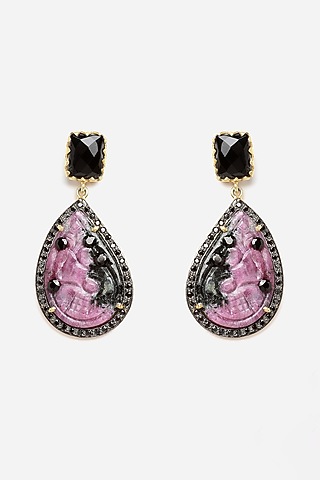 Gold Finish Carved Ruby Zoisite Dangler Earrings In Sterling Silver by Jewels by Praccessorii