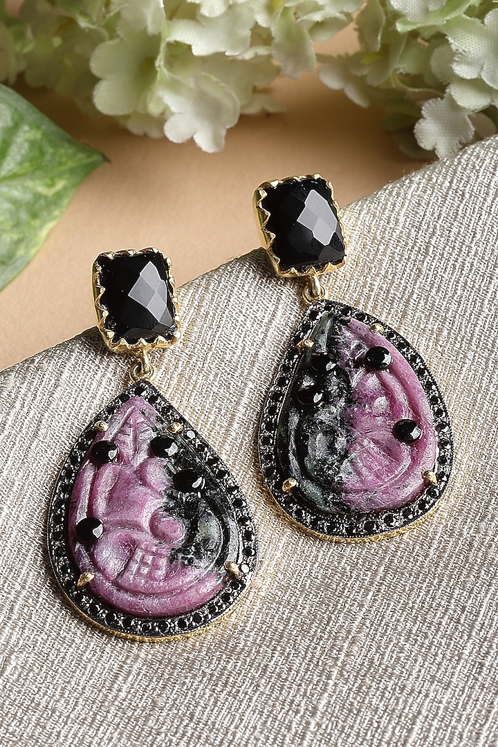 Gold Finish Carved Ruby Zoisite Dangler Earrings In Sterling Silver by Jewels by Praccessorii at Pernia's Pop Up Shop