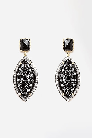 Gold Finish Carved Black Onyx Dangler Earrings In Sterling Silver by Jewels by Praccessorii