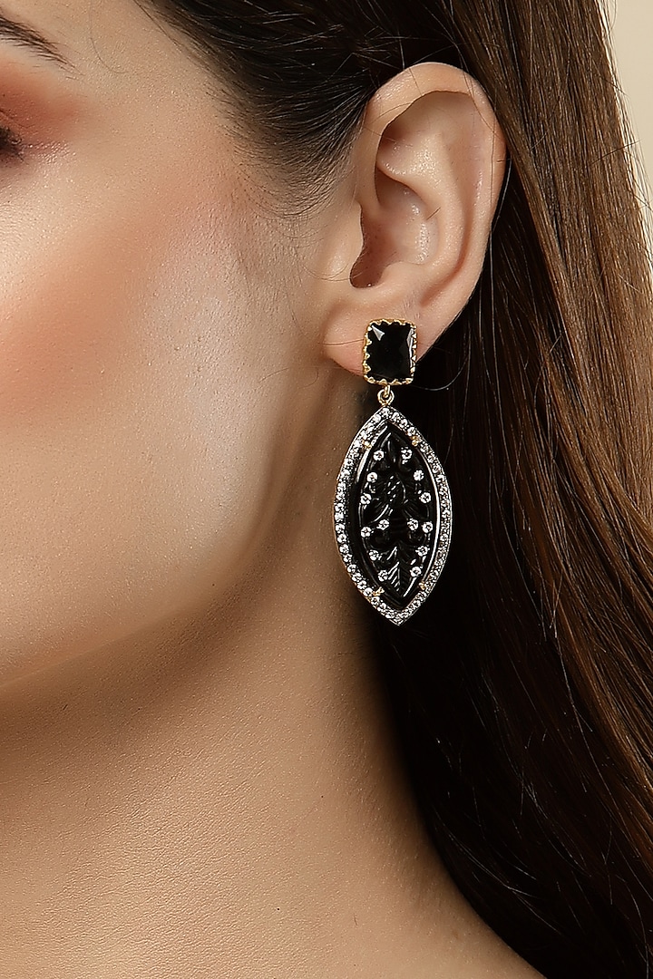 Gold Finish Carved Black Onyx Dangler Earrings In Sterling Silver by Jewels by Praccessorii at Pernia's Pop Up Shop