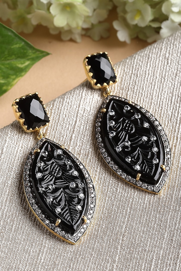 Gold Finish Carved Black Onyx Dangler Earrings In Sterling Silver by Jewels by Praccessorii at Pernia's Pop Up Shop
