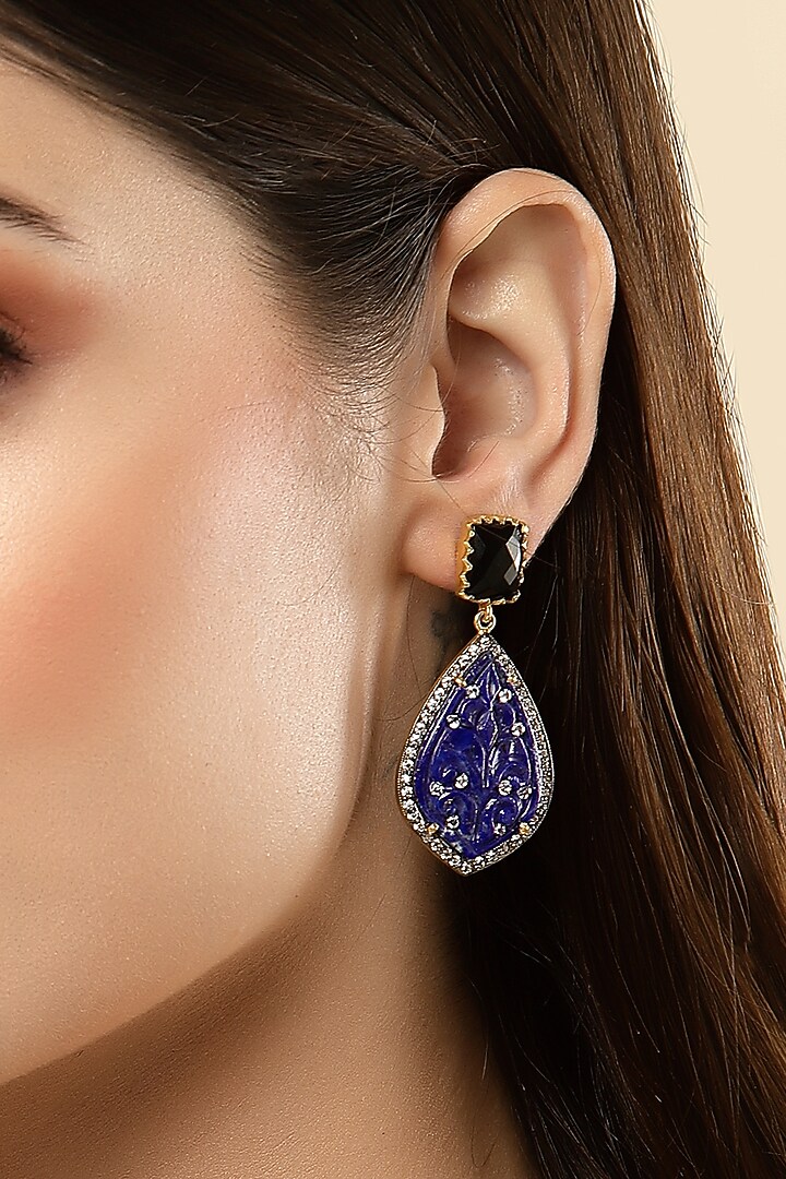 Gold Finish Carved Lapis Dangler Earrings In Sterling Silver by Jewels by Praccessorii at Pernia's Pop Up Shop