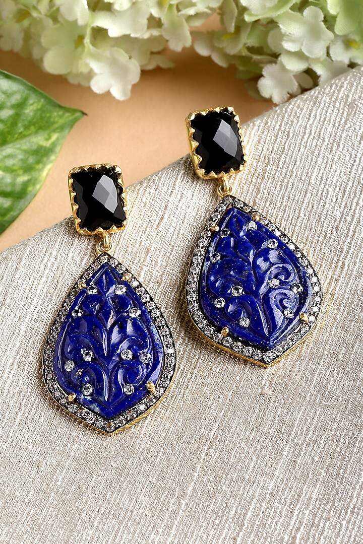 Gold Finish Carved Lapis Dangler Earrings In Sterling Silver by Jewels by Praccessorii at Pernia's Pop Up Shop