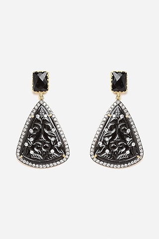 Gold Finish Carved Black Onyx & Cubic Zirconia Dangler Earrings In Sterling Silver by Jewels by Praccessorii