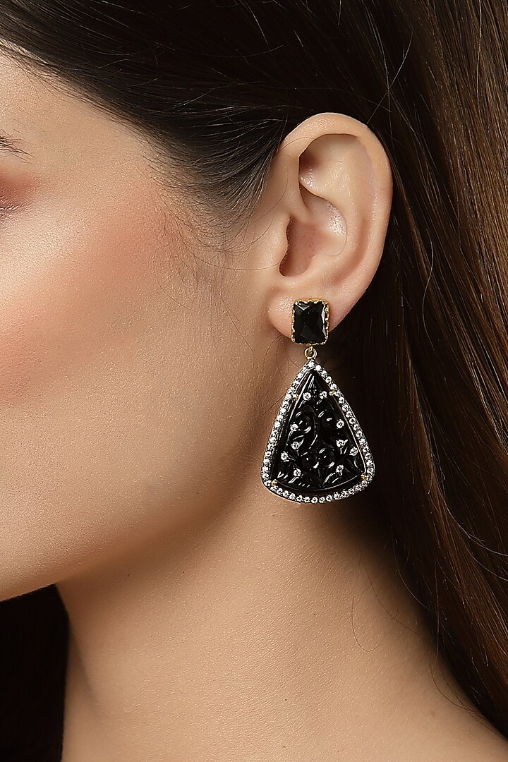 Gold Finish Carved Black Onyx & Cubic Zirconia Dangler Earrings In Sterling Silver by Jewels by Praccessorii at Pernia's Pop Up Shop