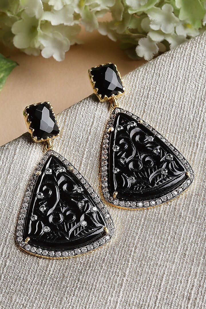 Gold Finish Carved Black Onyx & Cubic Zirconia Dangler Earrings In Sterling Silver by Jewels by Praccessorii at Pernia's Pop Up Shop