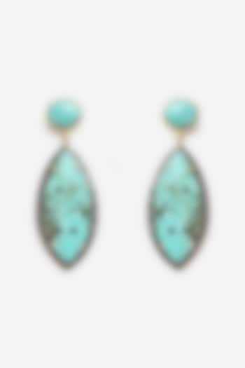 Gold Finish Carved Turquoise Stone Dangler Earrings In Sterling Silver by Jewels by Praccessorii