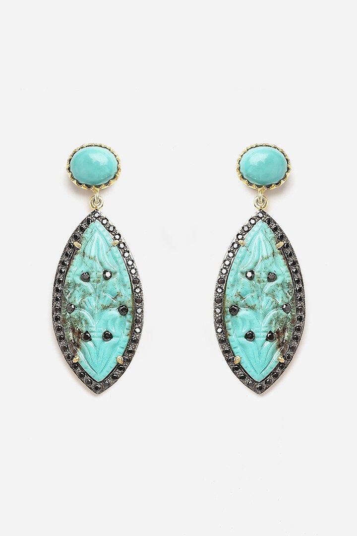 Gold Finish Carved Turquoise Stone Dangler Earrings In Sterling Silver by Jewels by Praccessorii