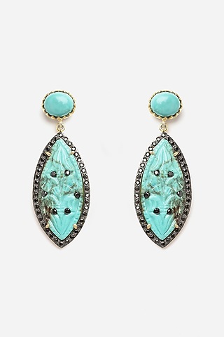 Gold Finish Carved Turquoise Stone Dangler Earrings In Sterling Silver by Jewels by Praccessorii