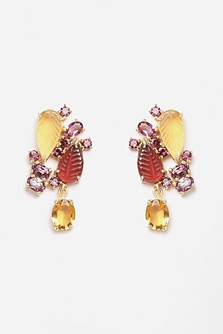 Gold Finish Carved Tourmaline Dangler Earrings In Sterling Silver by Jewels by Praccessorii