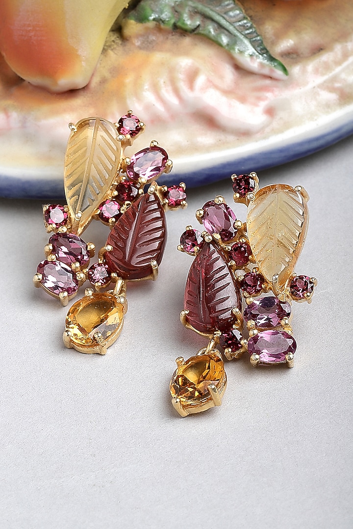 Gold Finish Carved Tourmaline Dangler Earrings In Sterling Silver by Jewels by Praccessorii at Pernia's Pop Up Shop