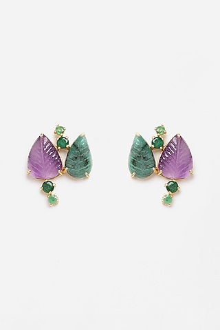 Gold Finish Carved Emerald Dangler Earrings In Sterling Silver by Jewels by Praccessorii
