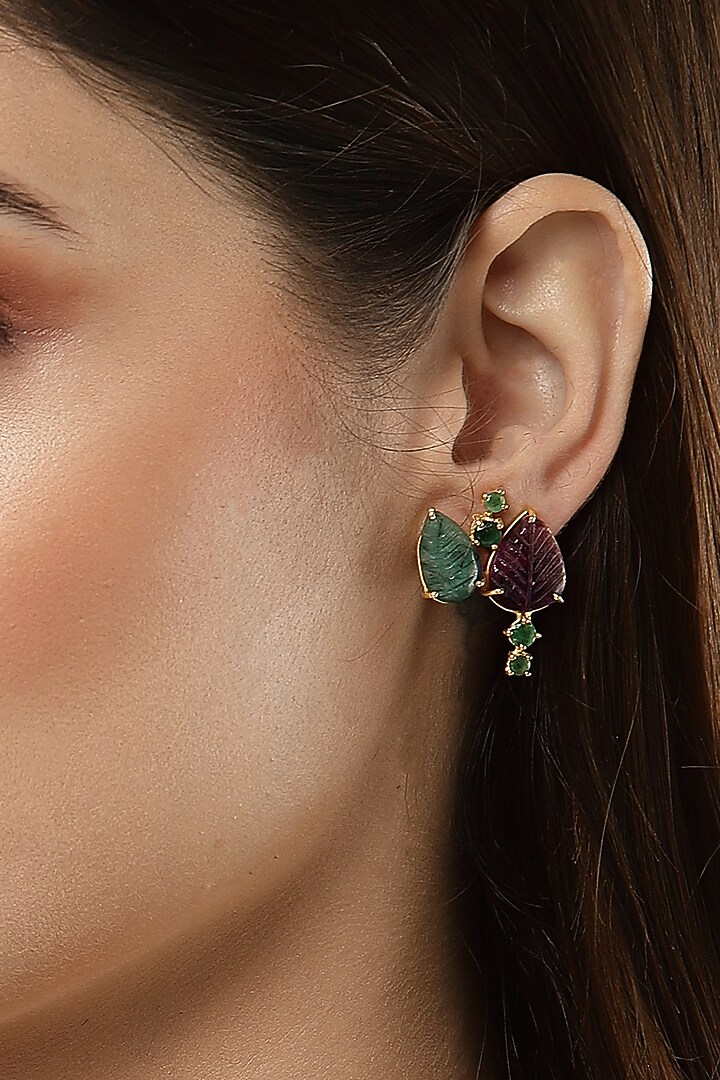 Gold Finish Carved Emerald Dangler Earrings In Sterling Silver by Jewels by Praccessorii at Pernia's Pop Up Shop