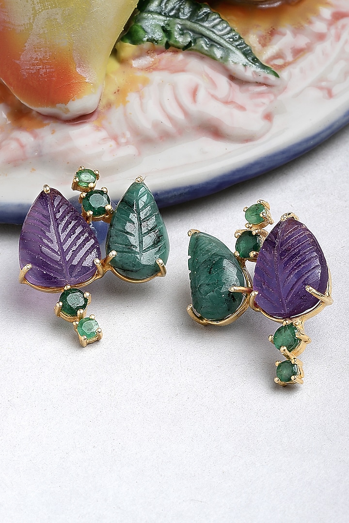 Gold Finish Carved Emerald Dangler Earrings In Sterling Silver by Jewels by Praccessorii at Pernia's Pop Up Shop