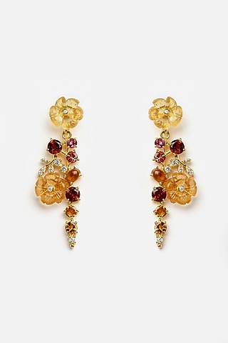 Gold Finish Carved Citrine Flowers Earrings In Sterling Silver by Jewels by Praccessorii