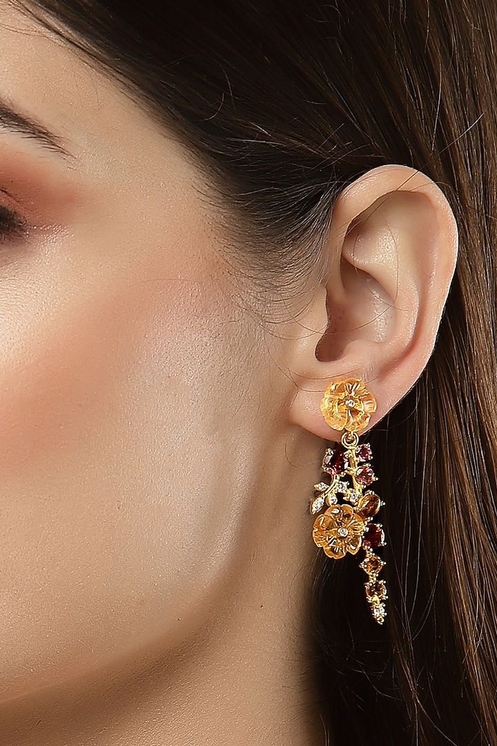 Gold Finish Carved Citrine Flowers Earrings In Sterling Silver by Jewels by Praccessorii at Pernia's Pop Up Shop