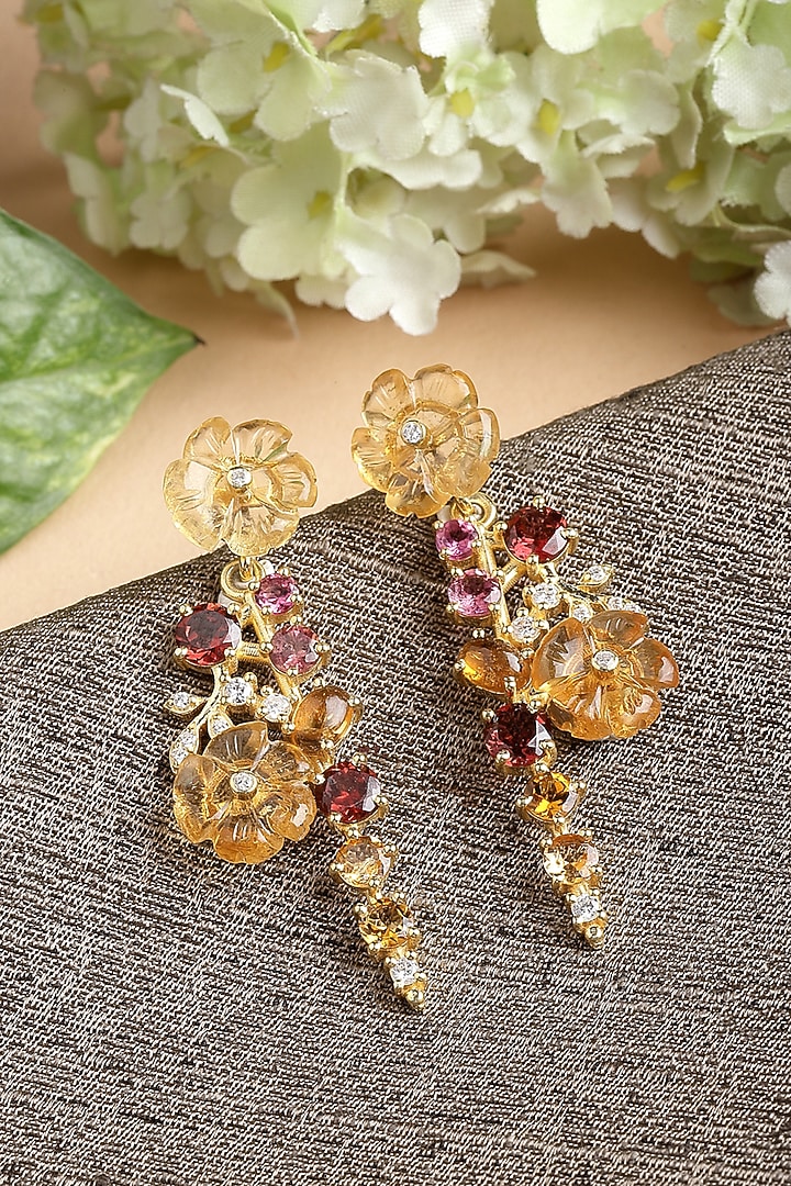 Gold Finish Carved Citrine Flowers Earrings In Sterling Silver by Jewels by Praccessorii at Pernia's Pop Up Shop