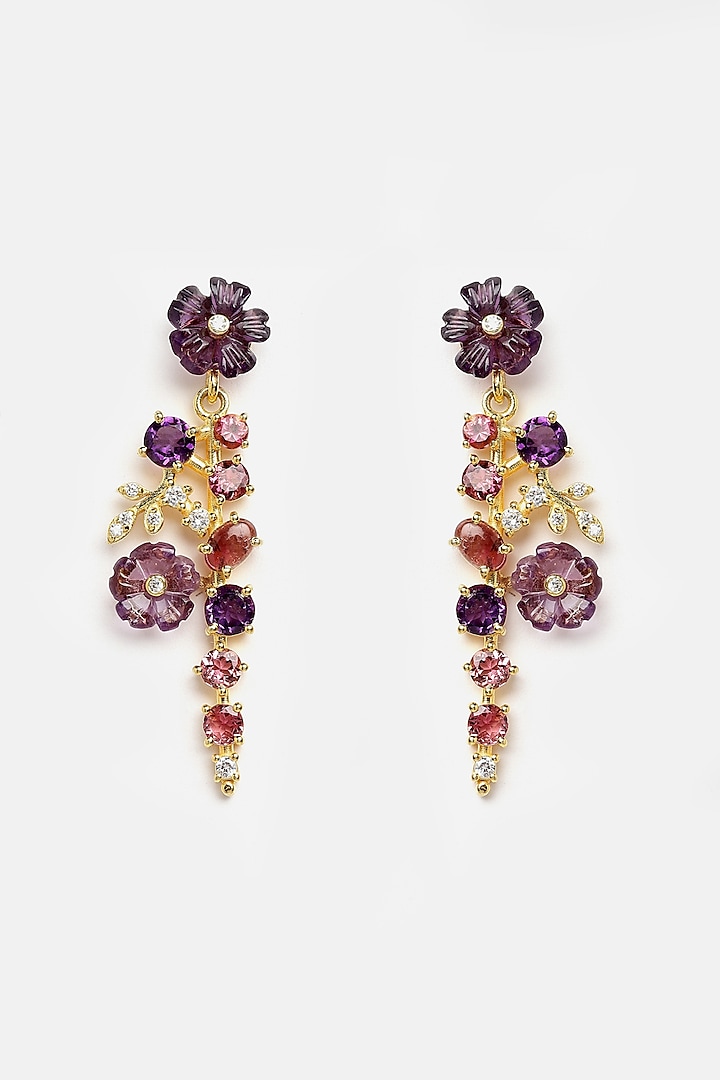 Gold Finish Amethyst Flowers Dangler Earrings In Sterling Silver by Jewels by Praccessorii at Pernia's Pop Up Shop