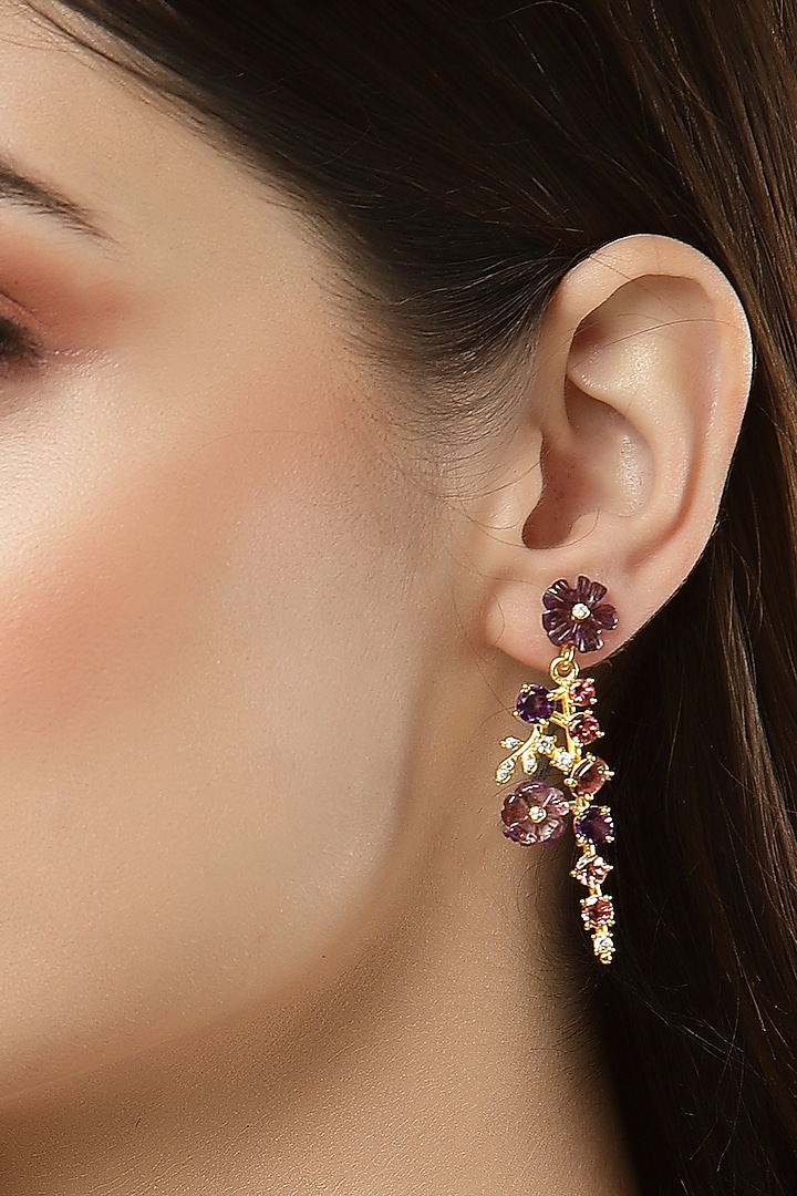 Gold Finish Amethyst Flowers Dangler Earrings In Sterling Silver by Jewels by Praccessorii at Pernia's Pop Up Shop