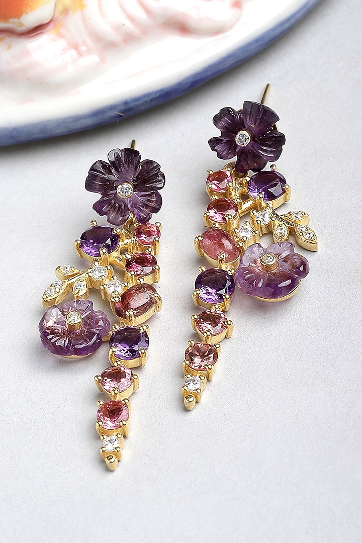Gold Finish Amethyst Flowers Dangler Earrings In Sterling Silver by Jewels by Praccessorii at Pernia's Pop Up Shop