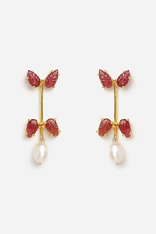 Gold Finish Carved Tourmaline & Natural Pearl Dangler Earrings In Sterling Silver by Jewels by Praccessorii
