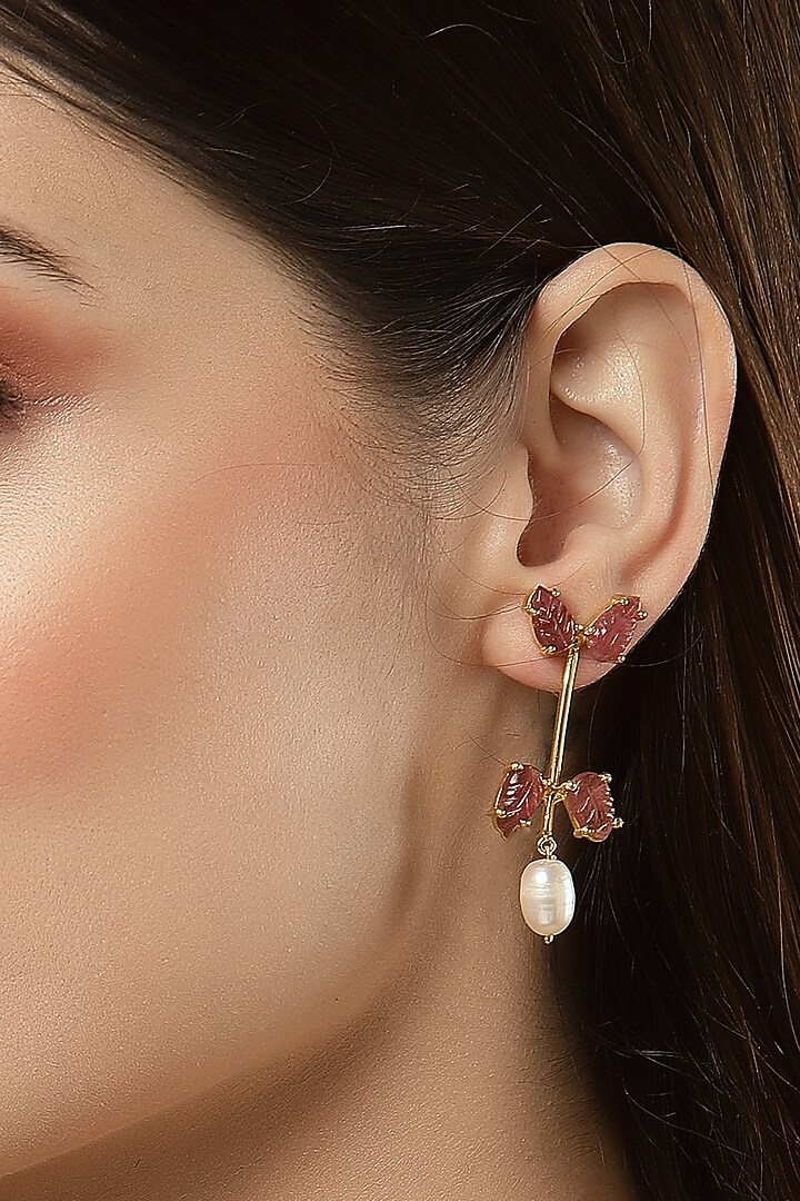 Gold Finish Carved Tourmaline & Natural Pearl Dangler Earrings In Sterling Silver by Jewels by Praccessorii at Pernia's Pop Up Shop