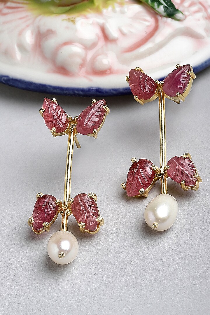 Gold Finish Carved Tourmaline & Natural Pearl Dangler Earrings In Sterling Silver by Jewels by Praccessorii at Pernia's Pop Up Shop