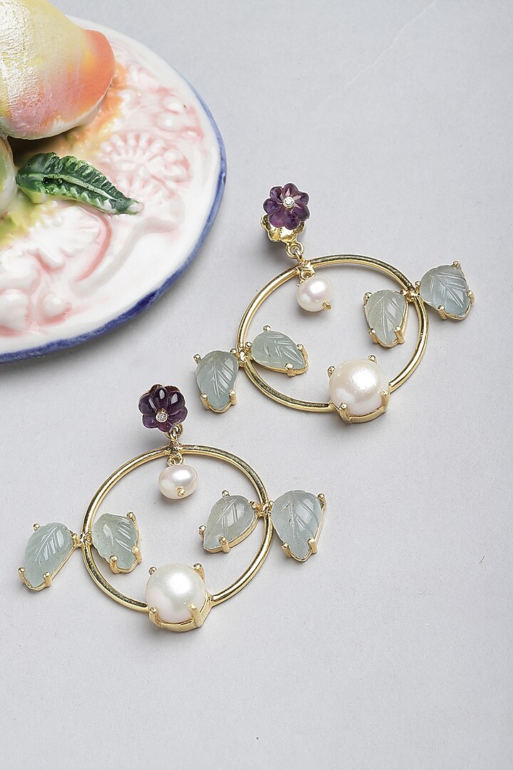 Gold Finish Carved Tourmalines Dangler Earrings In Sterling Silver by Jewels by Praccessorii at Pernia's Pop Up Shop
