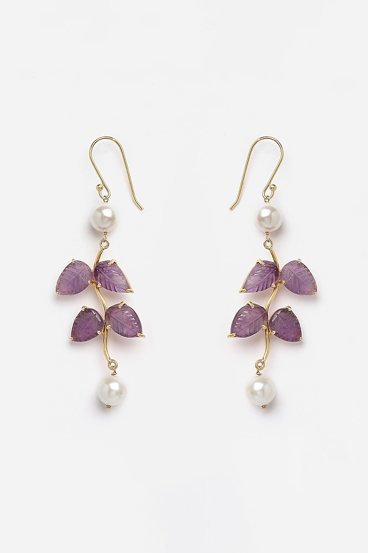 Gold Finish Carved Amethyst Dangler Earrings In Sterling Silver by Jewels by Praccessorii