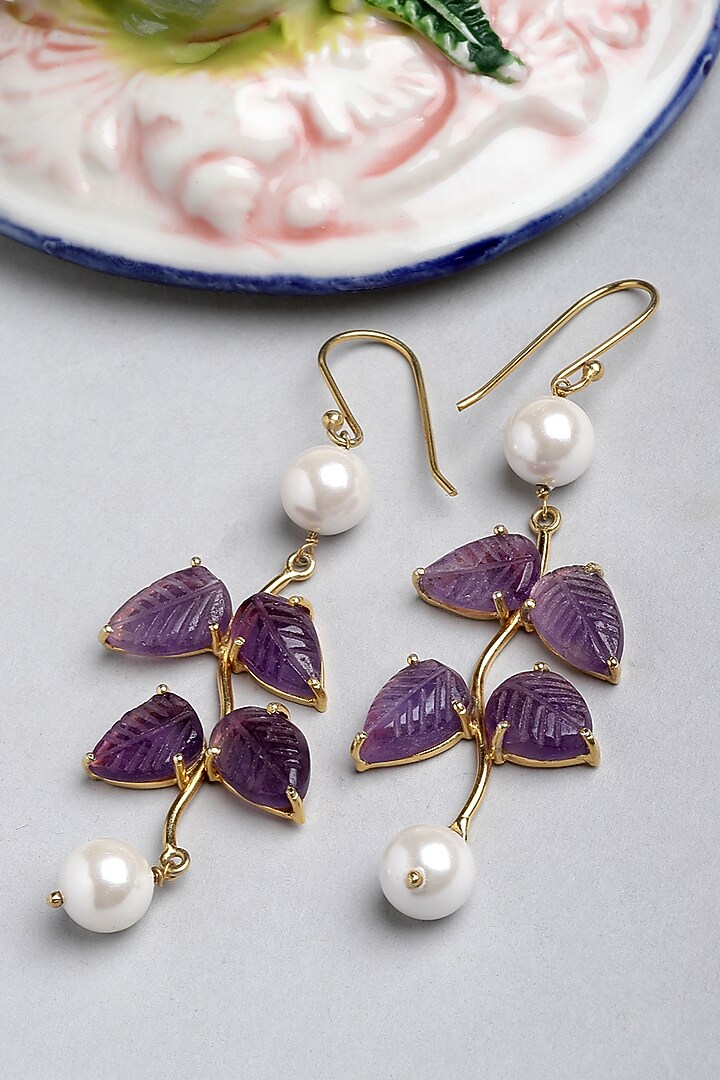 Gold Finish Carved Amethyst Dangler Earrings In Sterling Silver by Jewels by Praccessorii at Pernia's Pop Up Shop