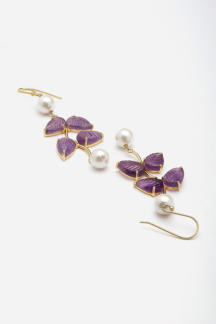 Gold Finish Carved Amethyst Dangler Earrings In Sterling Silver by Jewels by Praccessorii at Pernia's Pop Up Shop