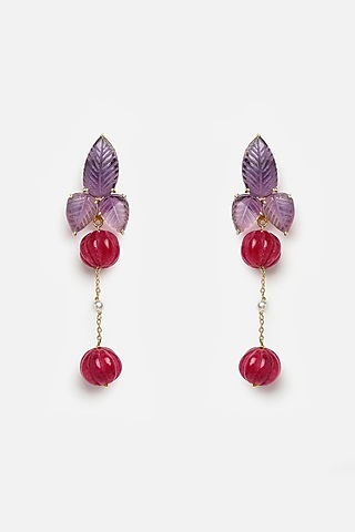 Gold Finish Carved Amethyst & Melon Ball Dangler Earrings In Sterling Silver by Jewels by Praccessorii