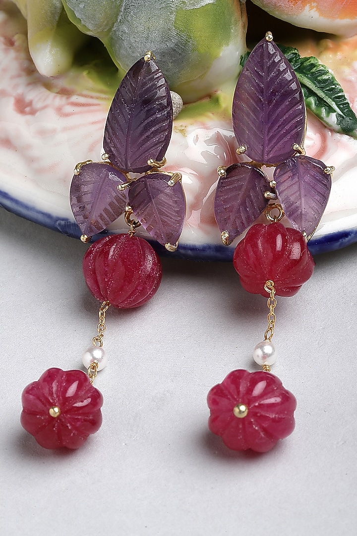 Gold Finish Carved Amethyst & Melon Ball Dangler Earrings In Sterling Silver by Jewels by Praccessorii at Pernia's Pop Up Shop