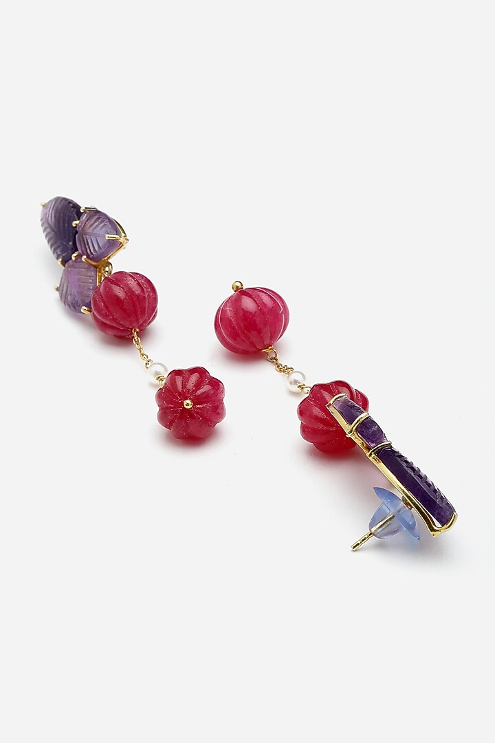 Gold Finish Carved Amethyst & Melon Ball Dangler Earrings In Sterling Silver by Jewels by Praccessorii at Pernia's Pop Up Shop