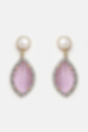 Gold Finish Carved Pink Amethyst Dangler Earrings In Sterling Silver by Jewels by Praccessorii