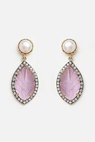 Gold Finish Carved Pink Amethyst Dangler Earrings In Sterling Silver by Jewels by Praccessorii