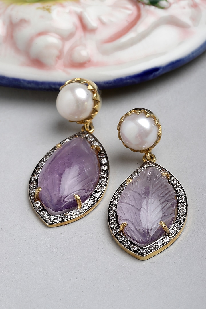 Gold Finish Carved Pink Amethyst Dangler Earrings In Sterling Silver by Jewels by Praccessorii at Pernia's Pop Up Shop