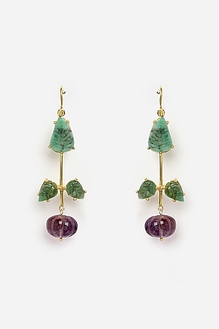 Gold Finish Carved Amethyst & Melon Balls Dangler Earrings In Sterling Silver by Jewels by Praccessorii