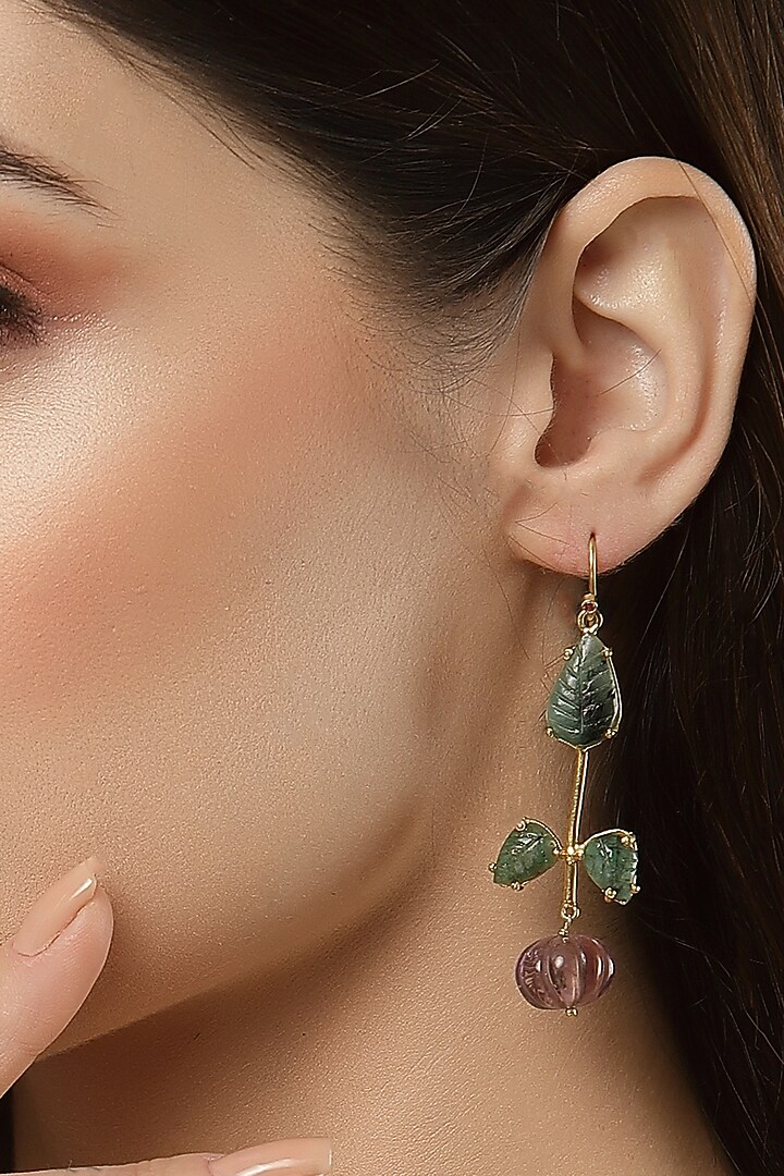 Gold Finish Carved Amethyst & Melon Balls Dangler Earrings In Sterling Silver by Jewels by Praccessorii at Pernia's Pop Up Shop