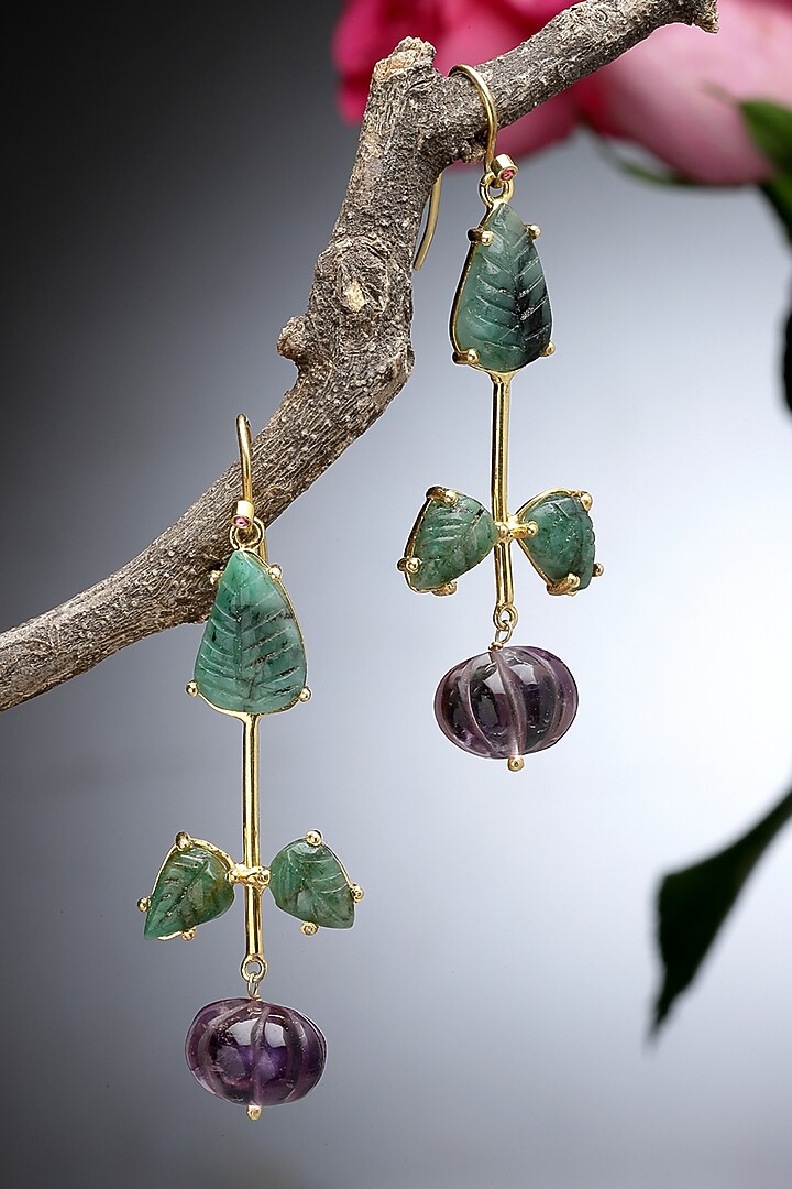 Gold Finish Carved Amethyst & Melon Balls Dangler Earrings In Sterling Silver by Jewels by Praccessorii at Pernia's Pop Up Shop